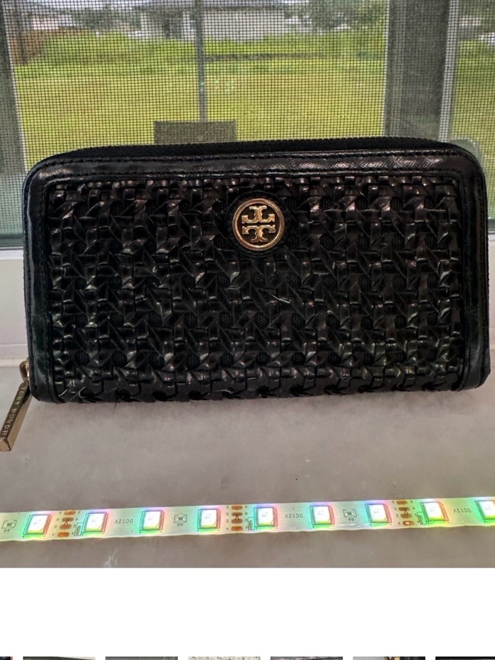 Tory Burch Black Woven Leather Zip Wallet with Gold Logo Medallion
